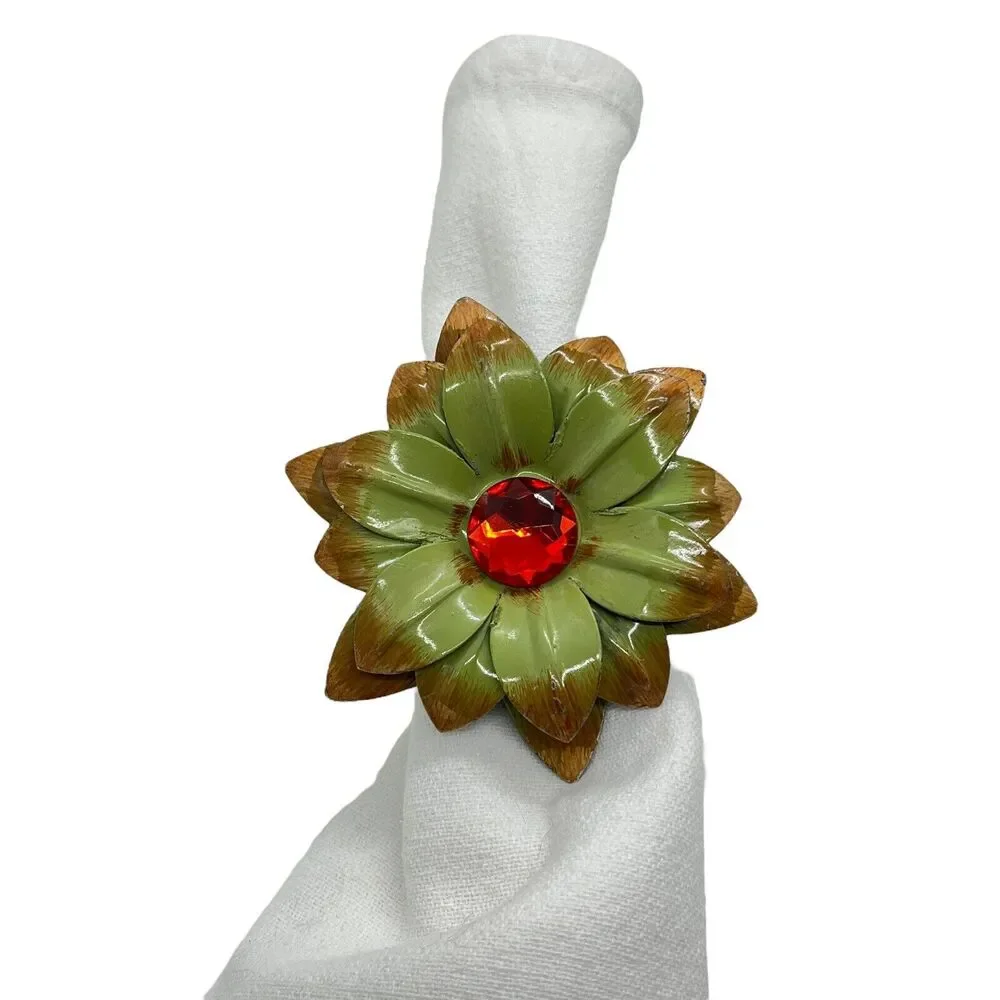 Pier 1 Metal Floral Sunflower Napkin Ring Holders Green w Red Center 3